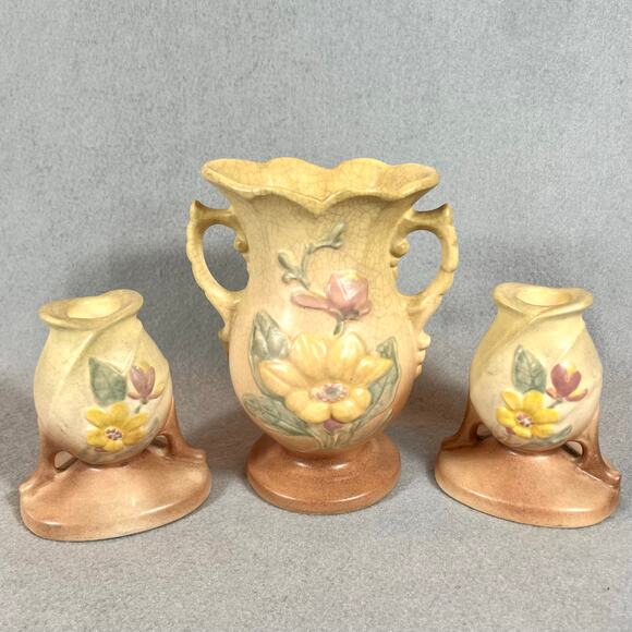 Vintage Hull Art Pottery Magnolia Vase & Candlestick Holders Set - Picture 1 of 13